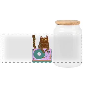Katzen-DJ auf Retro-Plattenspieler - Panorama Keksdose mit Holzdeckel - Weiß - Vorne