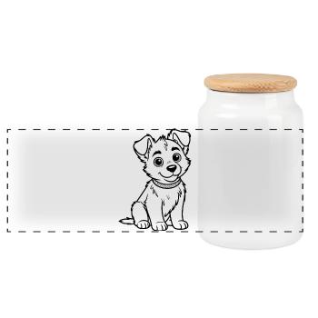 Cuddly Dog Line Drawing - Panoramic Cookie Jar with Wooden Lid - white - Front