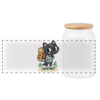 Cat Camper: Camping Adventure - Panoramic Cookie Jar with Wooden Lid - white - Front