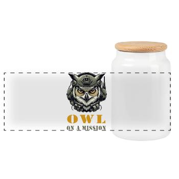 Owl on a mission - Panoramic Cookie Jar with Wooden Lid - white - Front