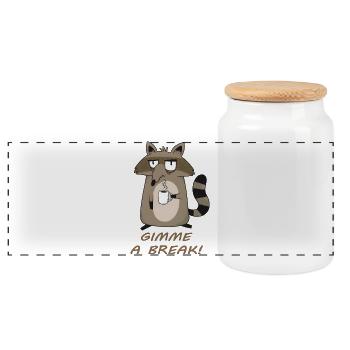 Gimme a Break! Müder Waschbär mit Kaffee - Panorama Keksdose mit Holzdeckel - Weiß - Vorne