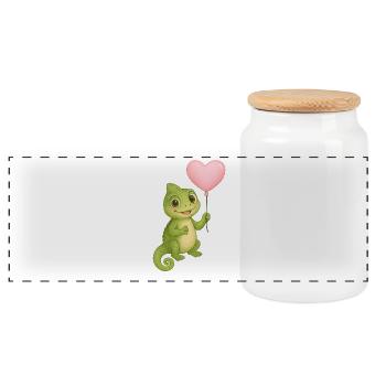 Little chameleon with heart balloon - Panoramic Cookie Jar with Wooden Lid - white - Front