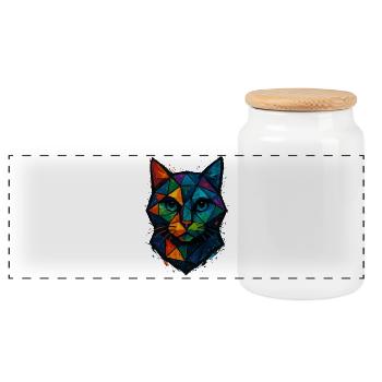 Cat Low Poly – geometrisches Mesh-Polygon-Kunstdesign - Panorama Keksdose mit Holzdeckel - Weiß - Vorne