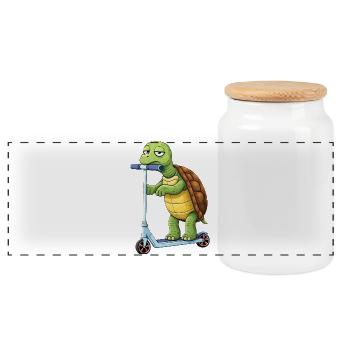Cute Turtle Cartoon Scooter Scooter Boring - Panoramic Cookie Jar with Wooden Lid - white - Front
