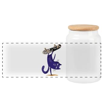 Purple cat on skateboard - Panoramic Cookie Jar with Wooden Lid - white - Front