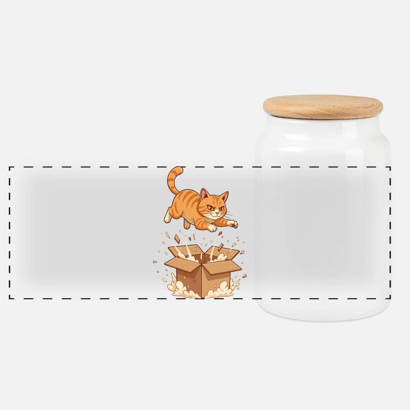 Cat Storm on Cardboard Box Cartoon - Panoramic Cookie Jar with Wooden Lid - white