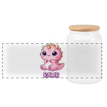 Süßer T-Rex Dinosaurier Cartoon Chibi Mädchen - Panorama Keksdose mit Holzdeckel - Weiß - Vorne