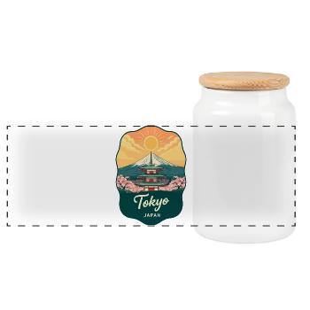 Tokyo Mount Fuji Vintage Sunset Travel Badge - Panoramic Cookie Jar with Wooden Lid - white - Front