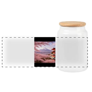Sakura at Fuji and Pagoda - Panoramic Cookie Jar with Wooden Lid - white - Front