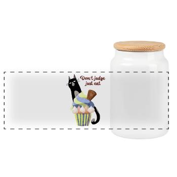 Don't Judge Just Eat Funny Cat Cupcake Dessert - Panoramic Cookie Jar with Wooden Lid - white - Front