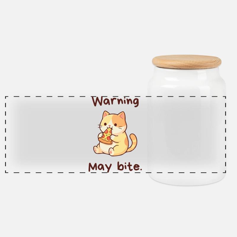 Warning May Bite - Kawaii Pizza Cat - Panorama Keksdose mit Holzdeckel - Weiß