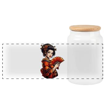 Geisha in red kimono with fan - Panoramic Cookie Jar with Wooden Lid - white - Front