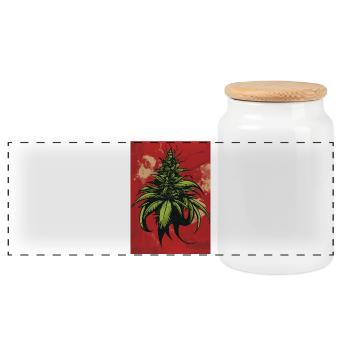 Illustration de feuilles de chanvre vertes sur fond rouge - Boîte à biscuits avec couvercle en bois - blanc - Devant