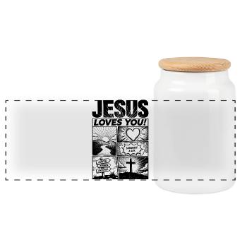 Conception de bandes dessinées « Jésus t’aime » - Boîte à biscuits avec couvercle en bois - blanc - Devant