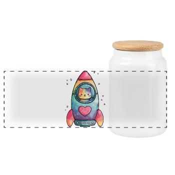 Rainbow Rocket Cat Heart - Panoramic Cookie Jar with Wooden Lid - white - Front