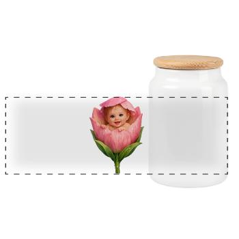 Baby in Pink Peony Bloom - Panoramic Cookie Jar with Wooden Lid - white - Front
