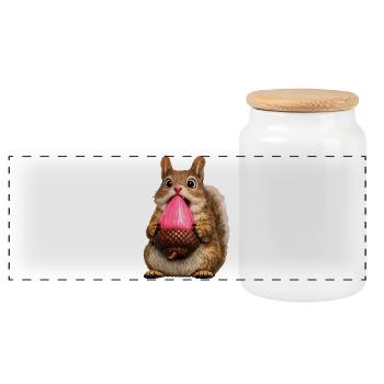 Cute Squirrel with Pink Acorn - Panoramic Cookie Jar with Wooden Lid - white - Front