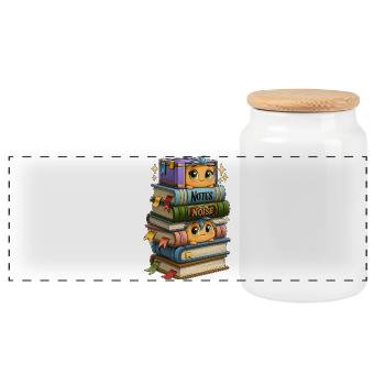 Book Stack with Birds - Panoramic Cookie Jar with Wooden Lid - white - Front