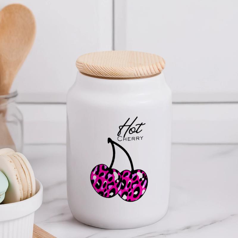 Pink leopard pattern cherry Panoramic Cookie Jar with Wooden Lid