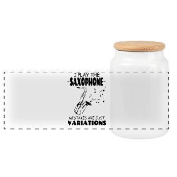 I Play The Saxophone Mistakes Are Just Variations - Panoramic Cookie Jar with Wooden Lid - white - Front
