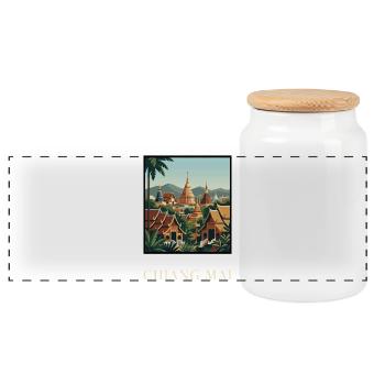 Chiang Mai Temples in Golden Sunset Thailand - Panoramic Cookie Jar with Wooden Lid - white - Front