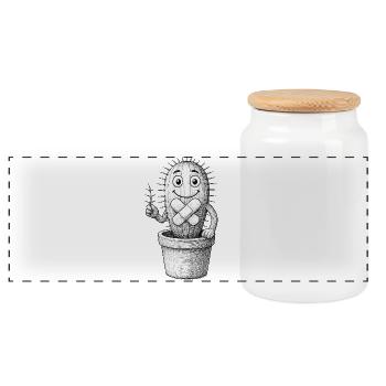 Bandaged Whimsical Cactus - Panoramic Cookie Jar with Wooden Lid - white - Front