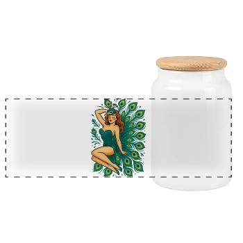 Peacock Goddess in Teal Feathers - Panoramic Cookie Jar with Wooden Lid - white - Front