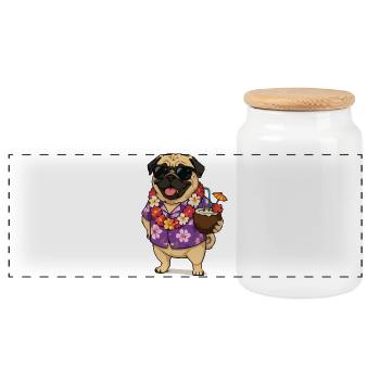 Pug Hawaii-Look mit Cocktail - Panorama Keksdose mit Holzdeckel - Weiß - Vorne