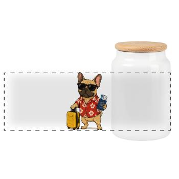 Hawaiian Bulldog with Travel Suitcase - Panoramic Cookie Jar with Wooden Lid - white - Front