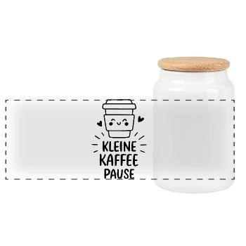 Kleine Kaffeepause Cartoon Becher Morgenmuffel - Panorama Keksdose mit Holzdeckel - Weiß - Vorne