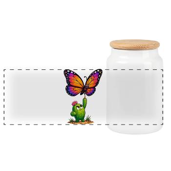 Bunter Schmetterling trifft Kaktusheld - Panorama Keksdose mit Holzdeckel - Weiß - Vorne