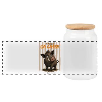 Sanglier en cage – Ça casse - Boîte à biscuits avec couvercle en bois - blanc - Devant