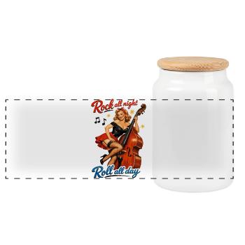 Rockabilly Kontrabass Pin-Up Retro T-Shirt - Panorama Keksdose mit Holzdeckel - Weiß - Vorne
