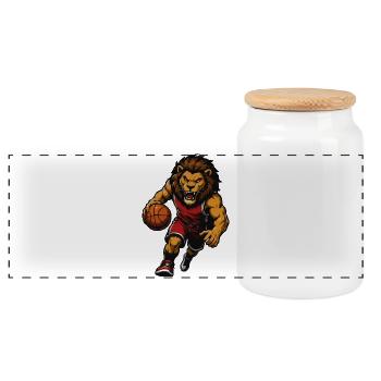 Löwen-Basketball-Maskottchen - Panorama Keksdose mit Holzdeckel - Weiß - Vorne