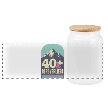 40+ und bergverliebt (mint-pink) - Panorama Keksdose mit Holzdeckel - Weiß - Vorne