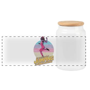 Funny 80s Fitness Overthinking T-Shirt - Jumping - Panoramic Cookie Jar with Wooden Lid - white - Front
