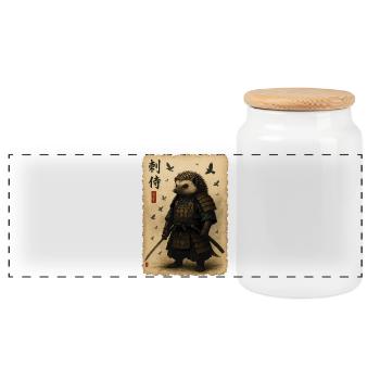 Igel-Samurai auf Pergament - Panorama Keksdose mit Holzdeckel - Weiß - Vorne