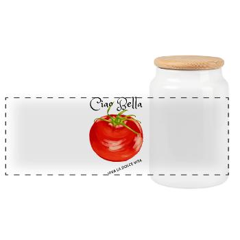 Tomato Watercolor Burst - Panoramic Cookie Jar with Wooden Lid - white - Front