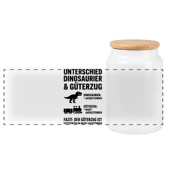Unterschied Dinosaurier & Güterzug – Lustiges Meme - Panorama Keksdose mit Holzdeckel - Weiß - Vorne