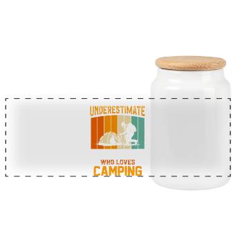 Never Underestimate an Old Man Who Camps - Panoramic Cookie Jar with Wooden Lid - white - Front