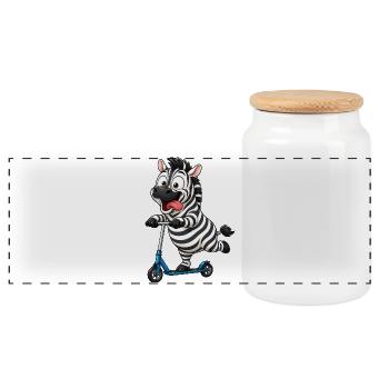 Funny Zebra on Scooter Cartoon - Panoramic Cookie Jar with Wooden Lid - white - Front