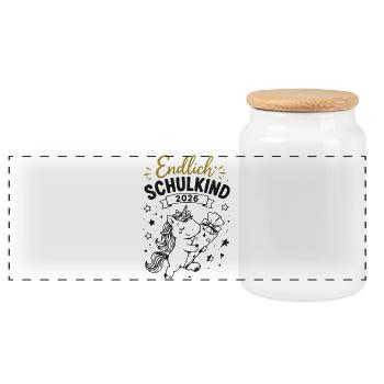 Endlich Einschulung 2026 Einhorn Geschenk - Panorama Keksdose mit Holzdeckel - Weiß - Vorne