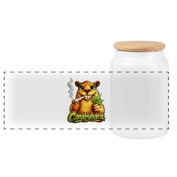 Canabybara - Capybara mit Cannabisblatt - Panorama Keksdose mit Holzdeckel - Weiß - Vorne