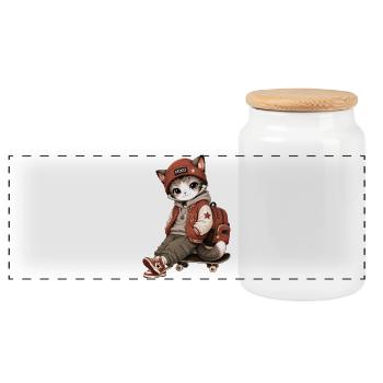 MIKO-Katze in Streetwear und Skateboarding - Panorama Keksdose mit Holzdeckel - Weiß - Vorne