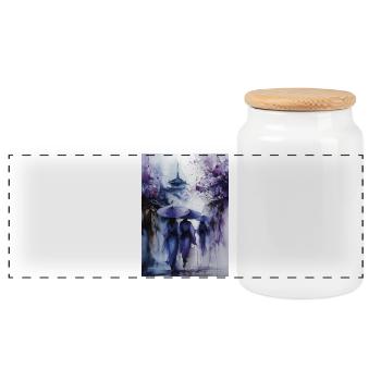 Blue Umbrellas in Purple Rain - Panoramic Cookie Jar with Wooden Lid - white - Front