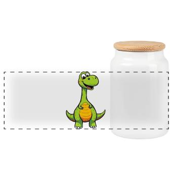 Fröhlicher Dino mit Orangen Bauch - Panorama Keksdose mit Holzdeckel - Weiß - Vorne