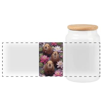 Three beavers among the water lilies - Panoramic Cookie Jar with Wooden Lid - white - Front