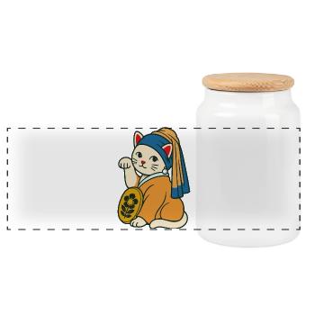 The Kitten with a Purrl Earring – Maneki Neko - Panoramic Cookie Jar with Wooden Lid - white - Front