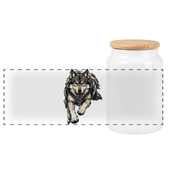 Wolf Illustration - Panoramic Cookie Jar with Wooden Lid - white - Front