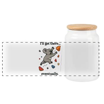 Koala Bouldering Dyno Jump – I'll get there - Panoramic Cookie Jar with Wooden Lid - white - Front